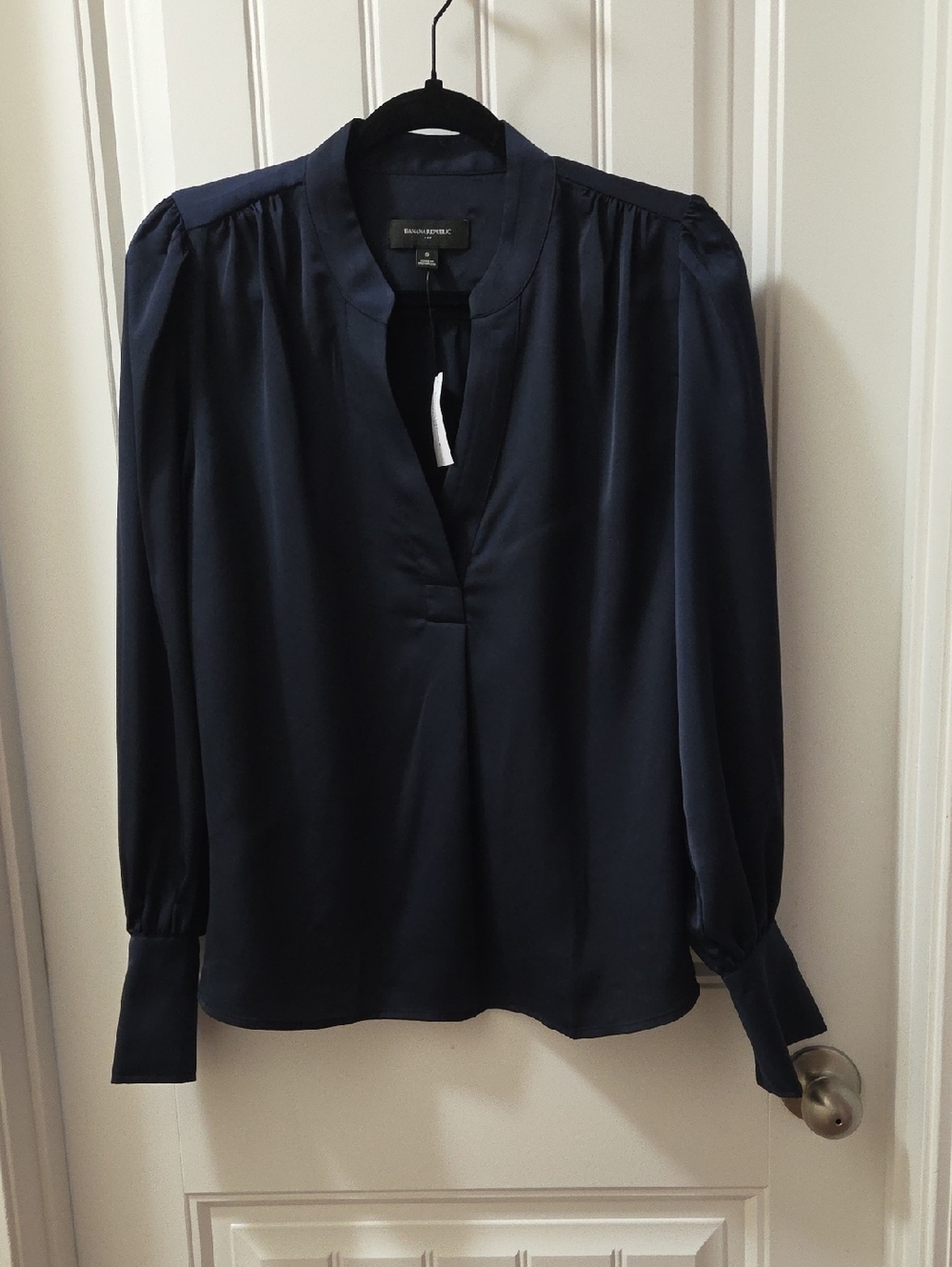 Banana Republic Dark Navy Mandarin Collar Pleated Long-Sleeve Blouse